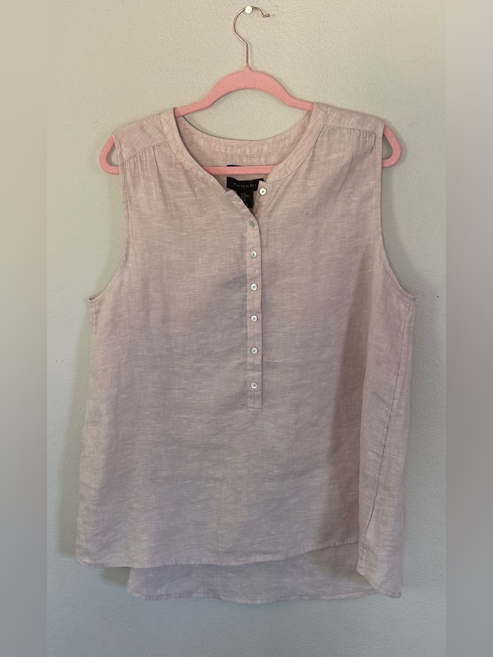 Tahari 100% Linen Sleeveless Button Front Blouse Top Women’s XL Quiet Luxury